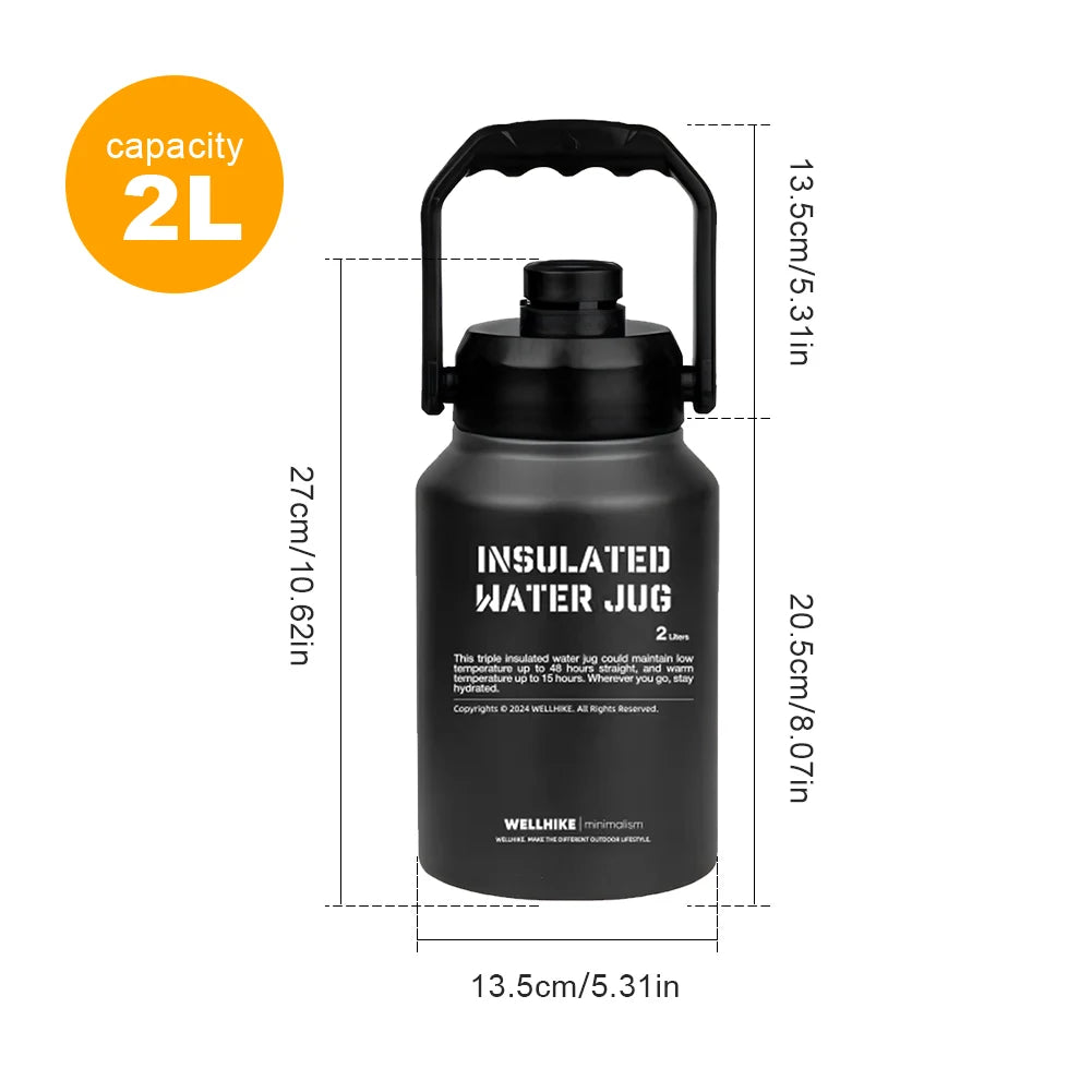 2L Insulated Water Bottle with Handle Gym Training Water Bottle Stainless Steel Portable Water Cup Bottle for Trips Camping
