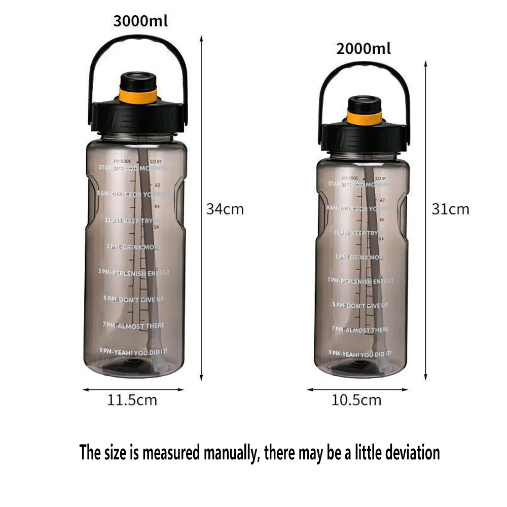 101Oz/50Oz Drinking Bottle with Time Marker  2 in 1 Straw and Lid BPA Free Heat Resistant Gym Water Bottle with Carrying Strap