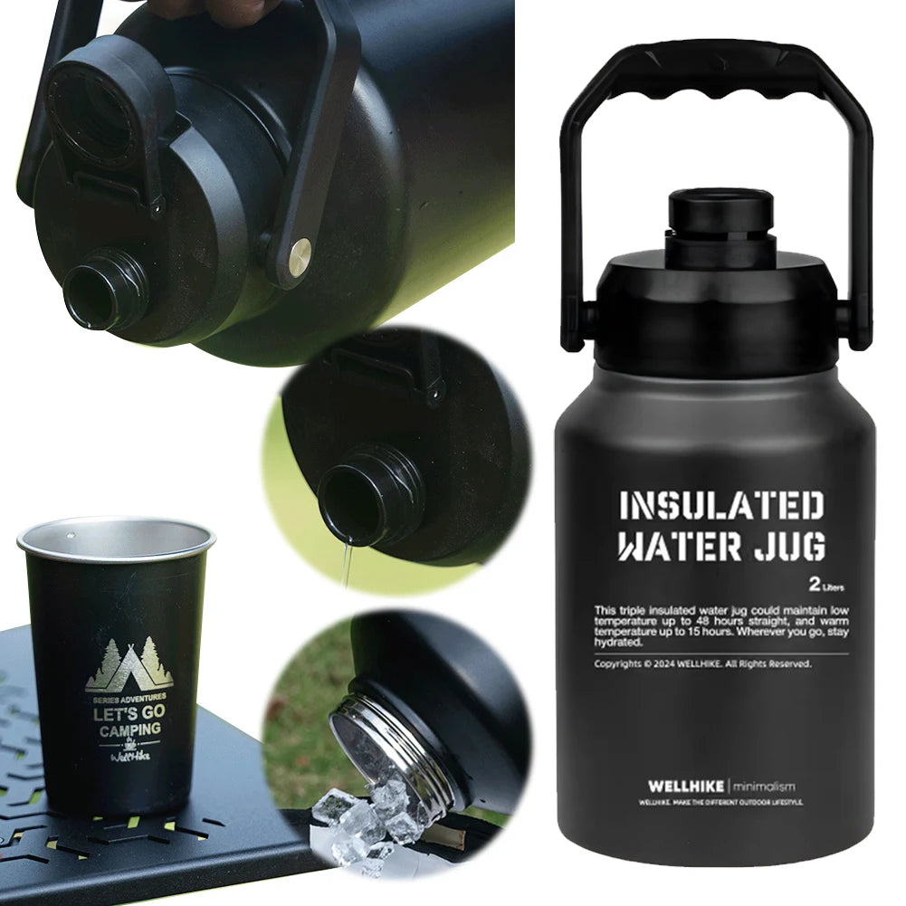 2L Insulated Water Bottle with Handle Gym Training Water Bottle Stainless Steel Portable Water Cup Bottle for Trips Camping