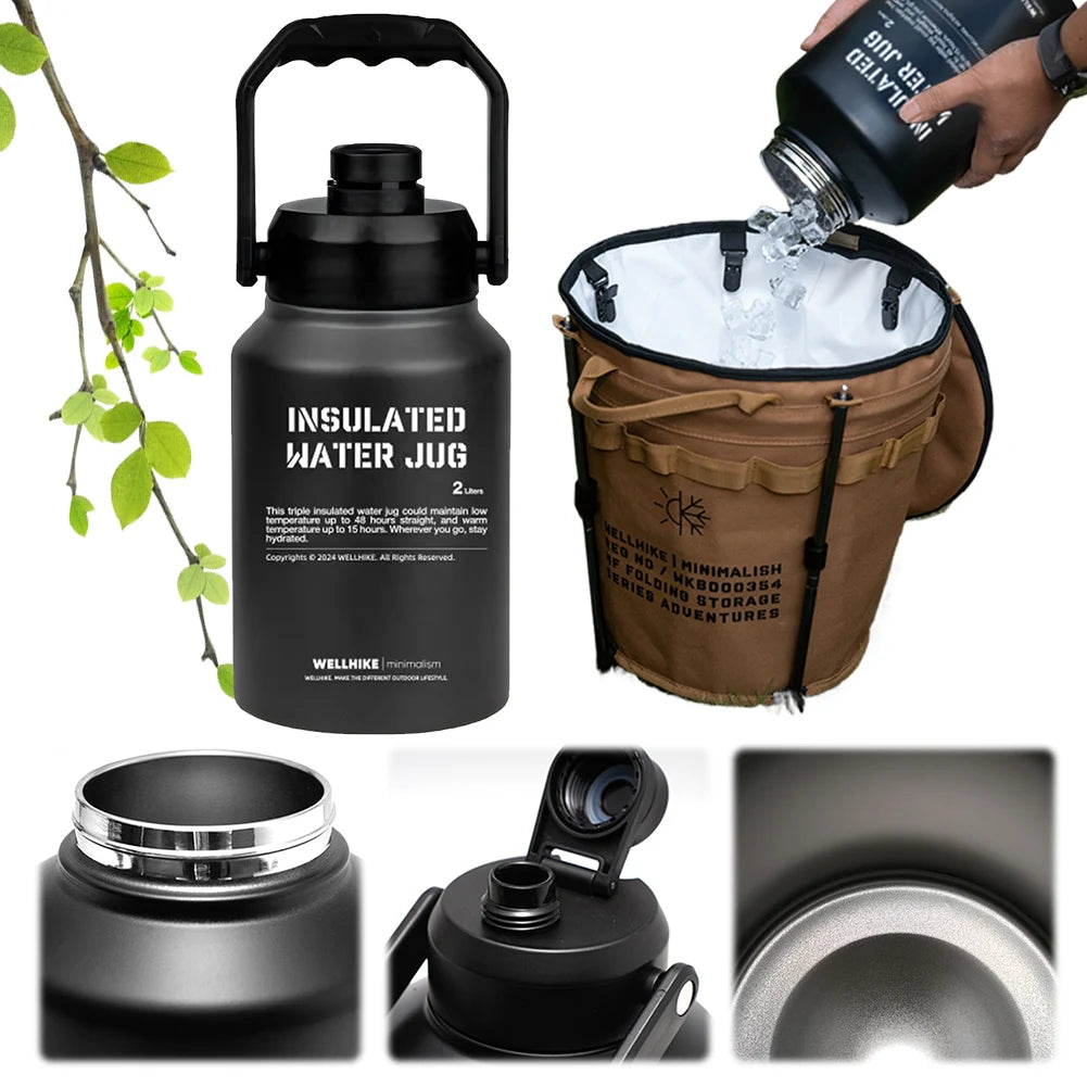2L Insulated Water Bottle with Handle Gym Training Water Bottle Stainless Steel Portable Water Cup Bottle for Trips Camping